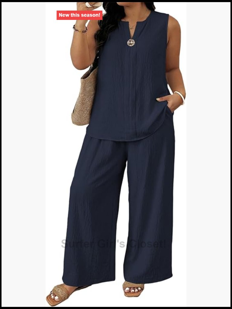 Plus Size 2 Piece Sets Sleeveless Tops Wide Leg Pants Matching Outfits Travel
